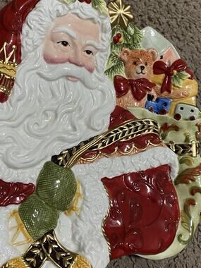 Fitz & Floyd Damask Holiday Ceramic Santa Toys Figural Christmas Canape Plate